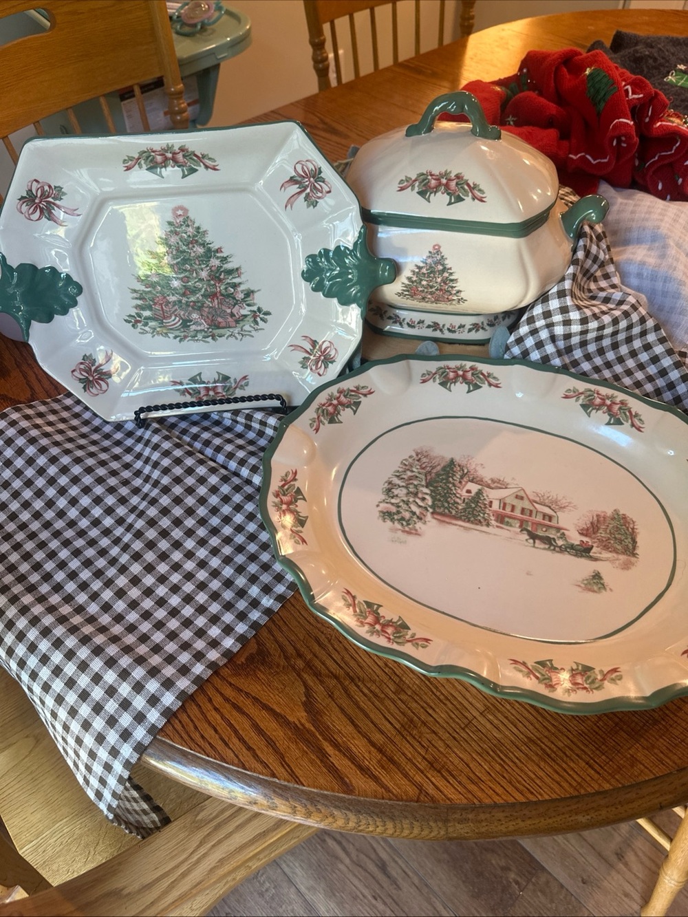 Vintage Christmas Serving Platter and Covered Dish - Cream and Green